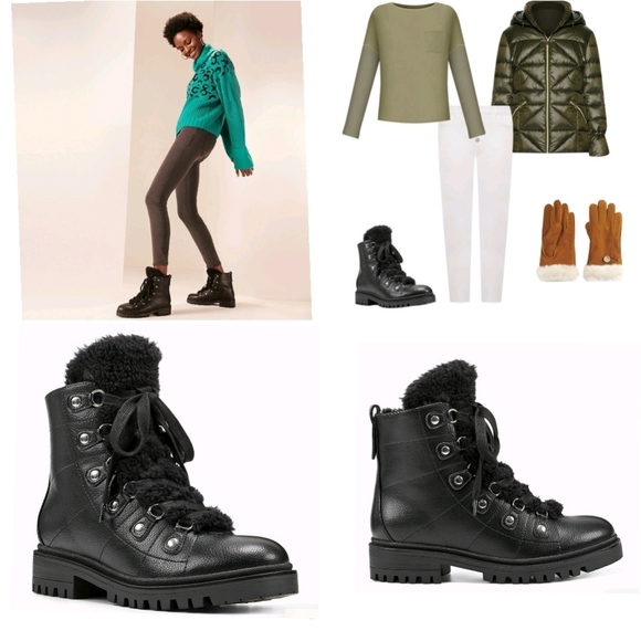 Nine West Weaton 3 Black Fur Combat Ankle Boots